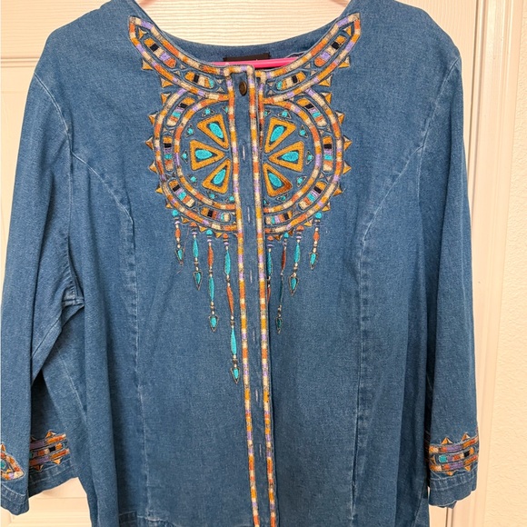 Bob Mackie Jackets & Blazers - Bob Mackie Blue Jean Colorful Embroidered Jacket
Boho Vintage Aztec